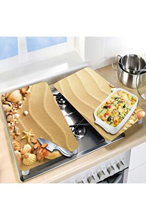 Cam Ocak Koruyucu ve Kesim Tablası Kumsal  (80cm x 52cm) 2 Parça, 5'li Ocaklar
